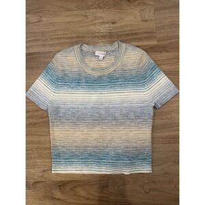 INTERMIX Striped Knit Top Size L Blue Beige Short Sleeve Sweater